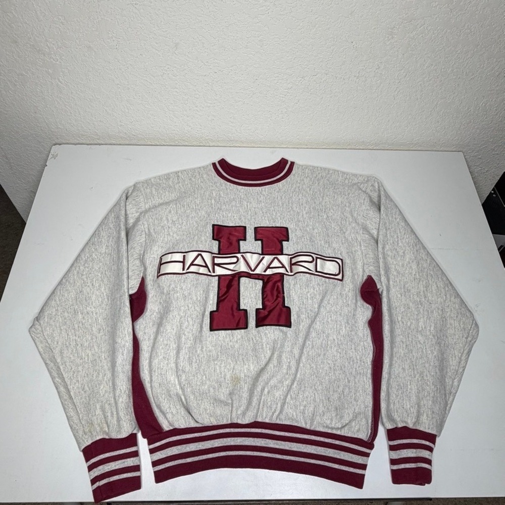 Vintage Harvard University Sweatshirt Heather Gray Maroon Satin Applique Large